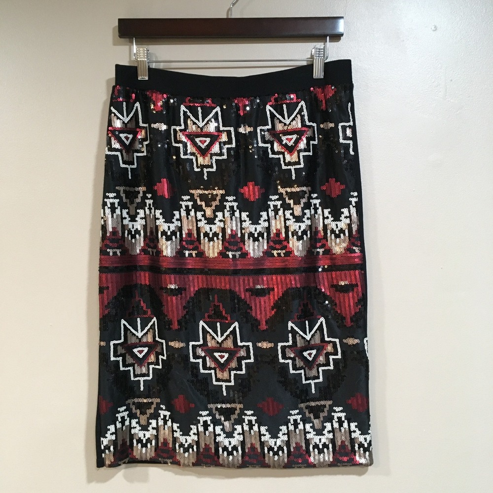Cato Sequin Tribal Pencil Skirt Sz M Black Boho Festival Aztec Southwestern Glam
